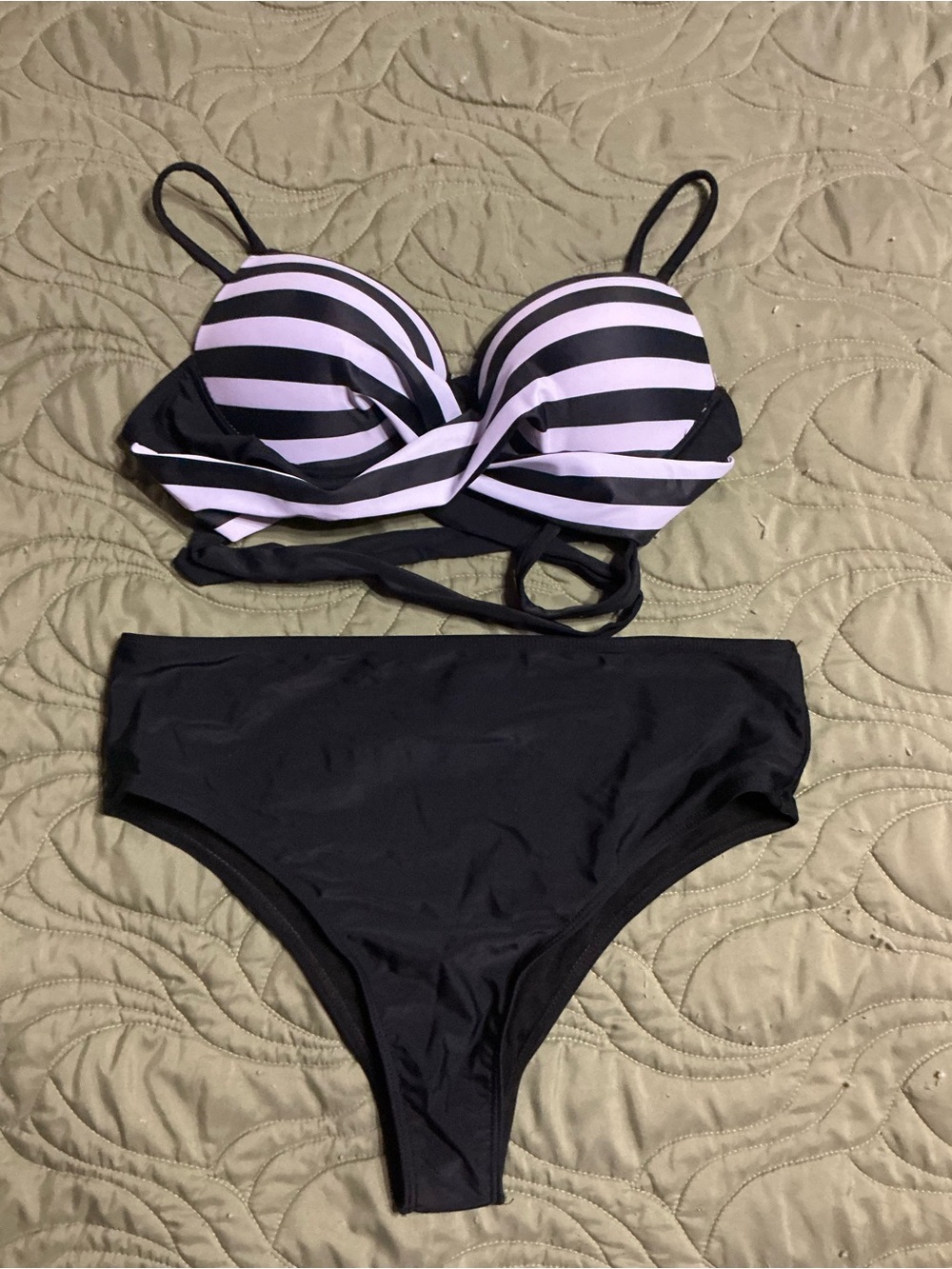 Striped Black and White Push-Up Bikini Set - Women Swim